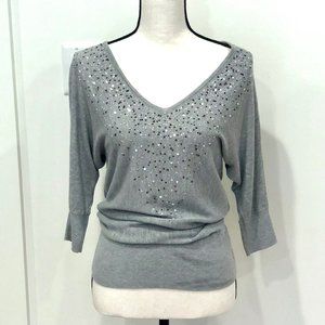 WHBM Sequined V-Neck Sweater 3/4 Length Sleeve